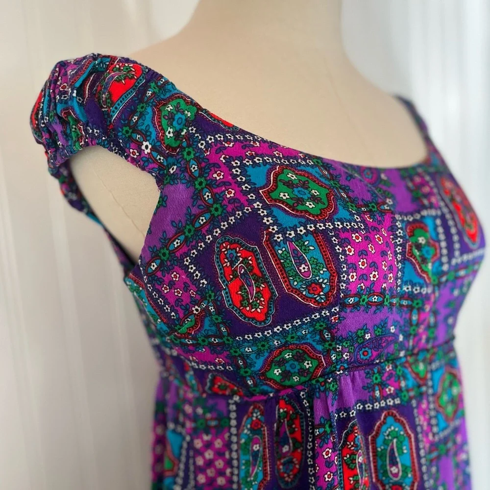 Vintage Hawaiian Purple Psychedelic Floral Patterned Maxi Dress Cap Sleeve Sa-Ne - Picture 7 of 16